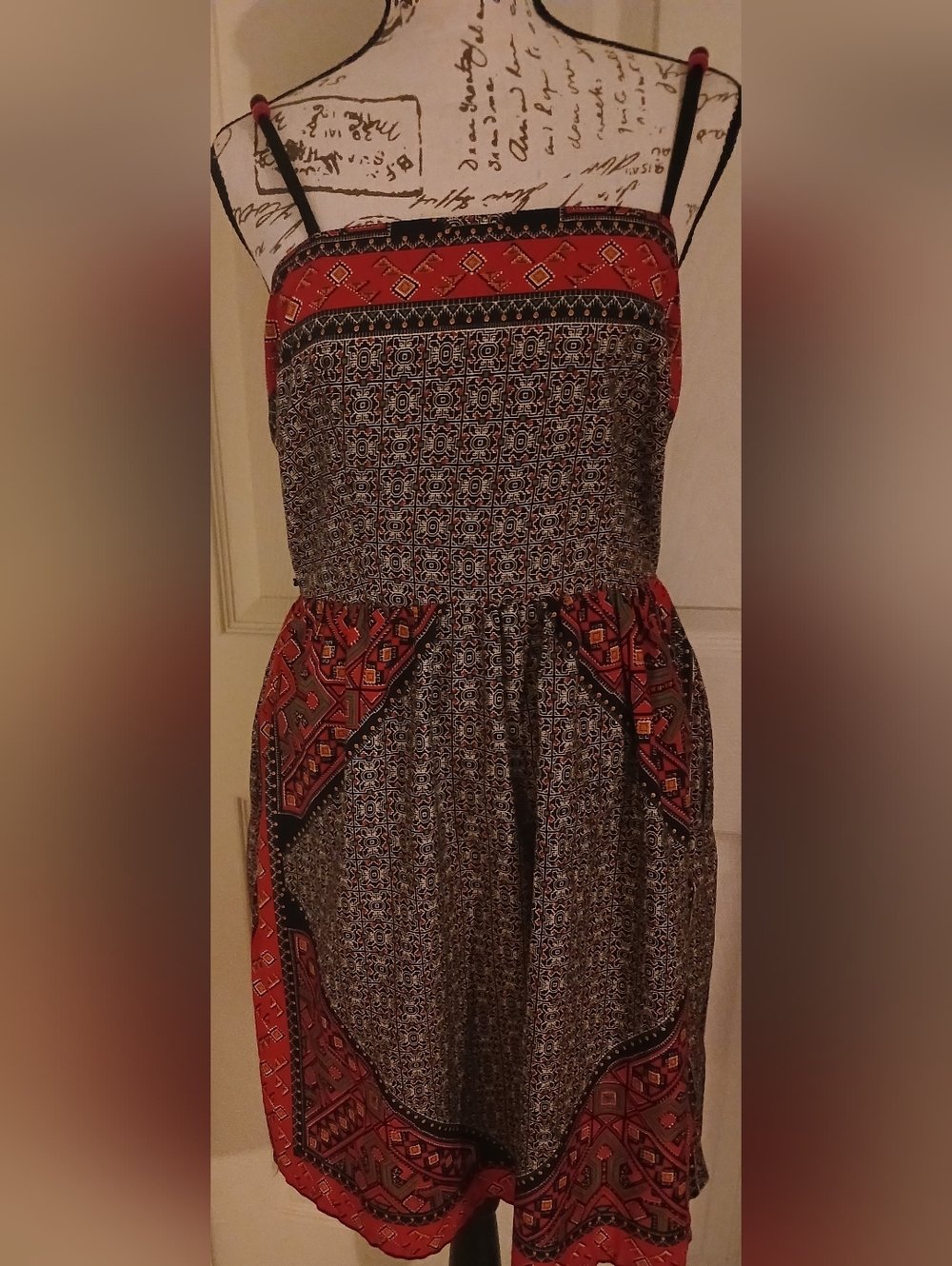 JT Dress Printed Spaghetti-Strap Mini Dress in Red and Black